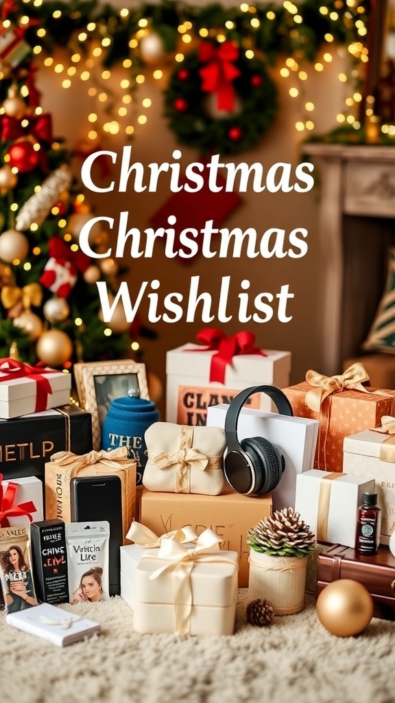 Christmas Wishlist Ideas A colorful Christmas wishlist with various gift ideas displayed in a festive setting.